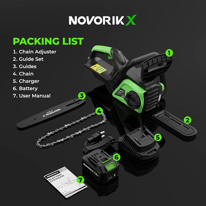 NovorikX 20V Cordless Chainsaw, 10-Inch Electric Chain Saw with 4.0Ah Battery & Charger, Auto Oiler, Tool-Free Chain Tension for Tree Trimming, Branch Cutting & Yard Work