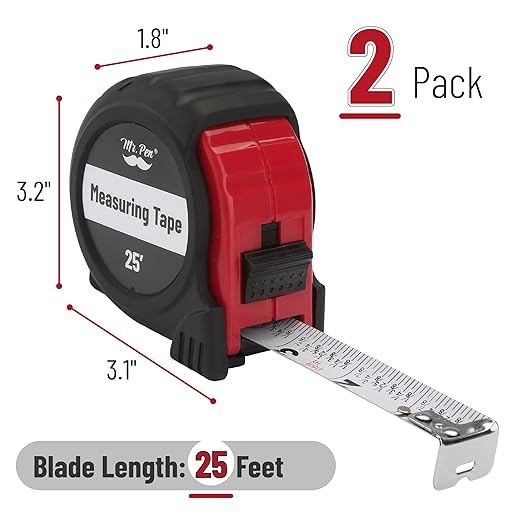 Mr. Pen- Retractable Tape Measure 25 ft, 2 Pack, Red, Easy Read, Steel Retractable Measuring Tape with Fractions, Ideal for Construction & DIY Projects