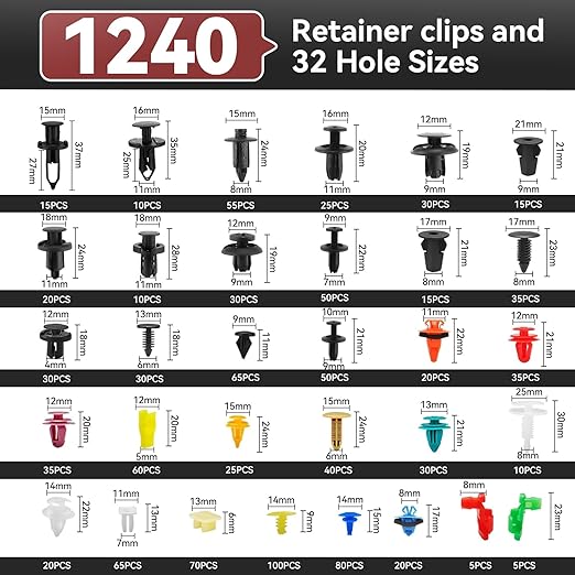 1240PCS Auto Retainer Clips Kit with Trim Removal Tools and 3-Layer Organizer Box, 32 Sizes Push Rivets Fasteners for Car Bumper, Fender, Door Panel and Interior Repair