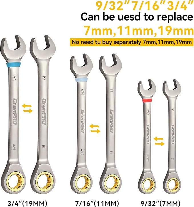GRENPRO 22 Pack Ratcheting Wrench Set, Combination Wrench Set Metric And Standard & SAE With Color Ring, 1/4" to 3/4" & 6-18mm, 22 Pack Open End Ratchet Wrenches With Roll Up Pouch