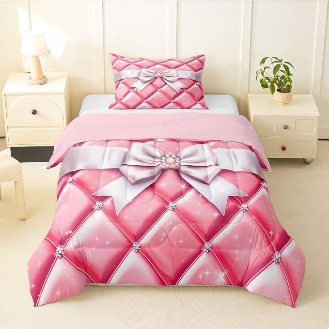 Feelyou Bow Comforter Set All Season Geometry Bowknot Bedding Set with 1 Pillow Cases Glitter Microfiber Kids Toddler Bedclothes Bedroom Decor Duvet Quilt Breathable Soft Lightweight