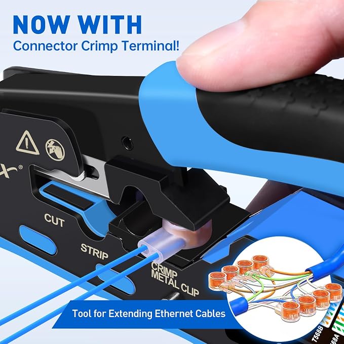 All-in-One Ethernet Crimping Tool Kit with Wire Stripper, 10xCAT7 RJ45 Pass Through Connector & 10xBoots, Storage Case Ideal for DIY/Network Installations