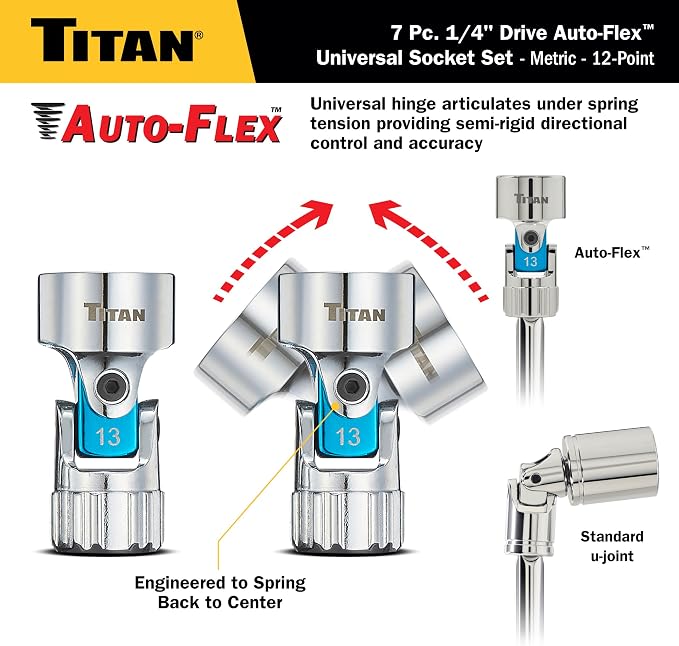 Titan 66840 7-Piece 1/4-Inch Drive Metric Auto Flex Universal Socket Set, 12-Point, 6mm to 13mm