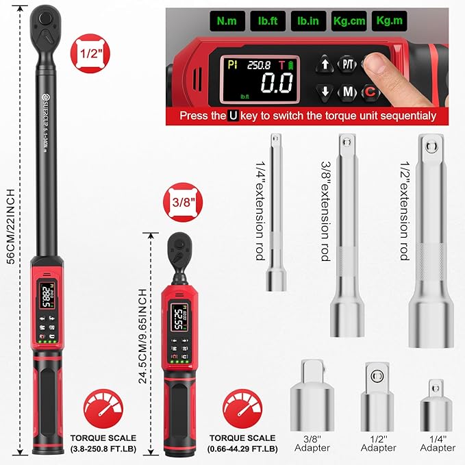 SUERCUP 3/8"&1/2" Digital Torque Wrench Set(0.66-44.29Ft.Lb/0.9-60N.m&3.8-250.8Ft.Lb/5.1-340Nm), ±1% Accuracy with Vibration, Buzzer,LED Notification and Five Units of Measure, for Car,Moto, DIY