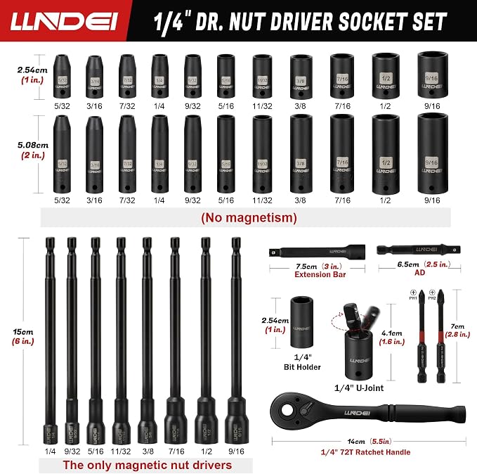 LLNDEI 1/4" Drive Socket Set & Nut Driver Set with Ratchet 38Pcs SAE 5/32" | 1/4" Sockets Deep&Shallow SAE 5/32" to 9/16" with Ratchet, Hex Shank 6" Long Nut Drivers(1/4"-9/16") for Drill Bits(PH1 PH2)