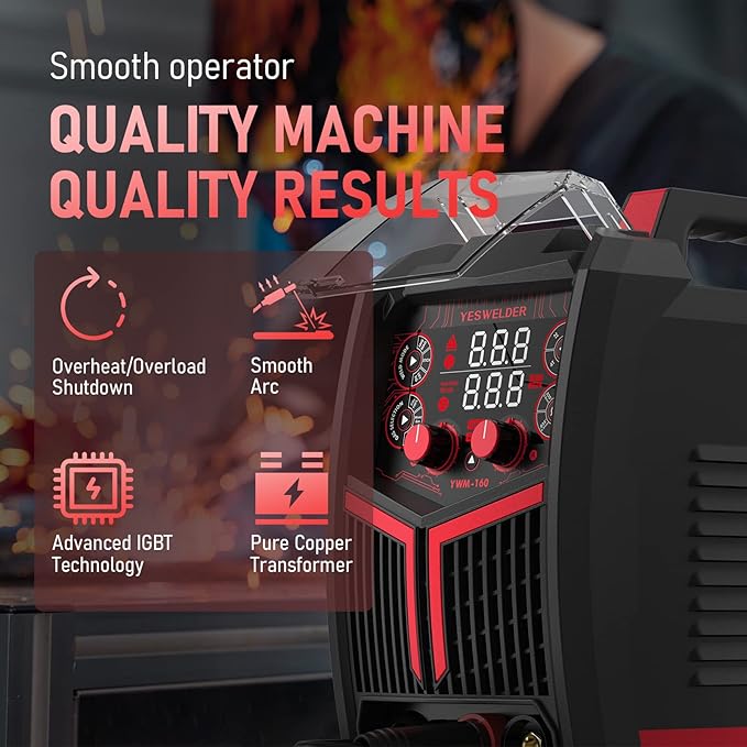 YESWELDER 160A MIG Welder, 110V/220V Dual Voltage, 4 in 1 Gas MIG/Flux Core MIG/Lift TIG/Stick Multiprocess Large LED Digital Display MIG Welding Machine