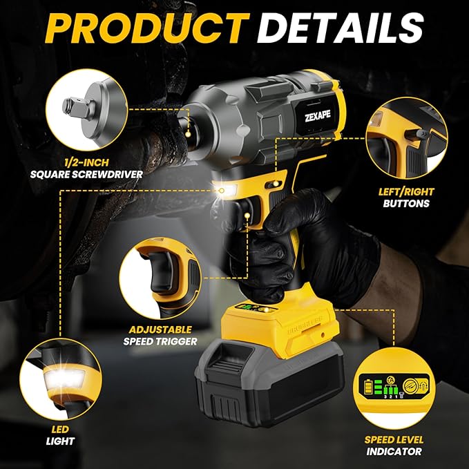 Cordless Impact Wrench 1/2 inch for Dewalt Battery, Impact Wrench 1360N.m(950Ft-lbs) High Torque Brushless Electric Impact Gun, Power Impact Driver with 3-Mode Speed, LED Work Light(no battery)