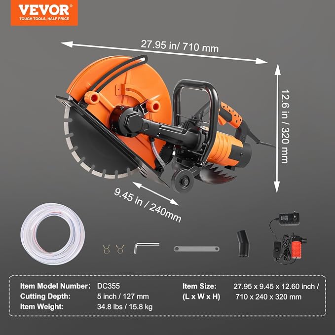 VEVOR Electric Concrete Saw, 14 in, 2600 W Motor Circular Saw Cutter with Max. 6 in Adjustable Cutting Depth, Wet Disk Cutter Includes Water Line, Pump and Blade, for Stone, Brick