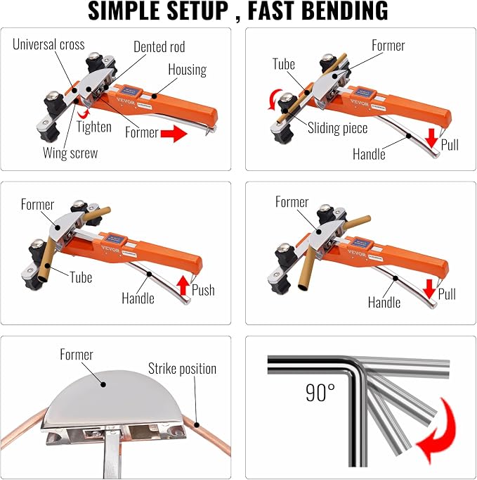 VEVOR Pipe Tube Bender, 1/4"-7/8" O.D. Ratcheting Tubing Bender, 90° Forward/Reverse Pipes Bending Tools with 7 Dies and Pipe Cutter for HVAC Air Conditioning Refrigerator Repair