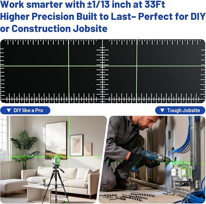 Huepar Pro Laser Level 360 Self Leveling with 50inch Tripod, 3 x 360° High Brightness Green Laser Leveler Tool for Construction, Tile and Picture Hanging, Rechargeable Battery & Magnetic Bracket