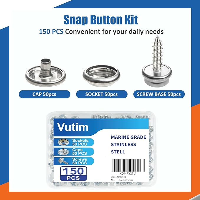 150 PCS Canvas Snap Fastener Tool Set, Vutim Marine-Grade 3/8" Stainless Steel Snaps, Metal Snap Fastener Kit, Leather Repair Kit for Boats, Canvas, Leather Goods, Tents, and Awnings