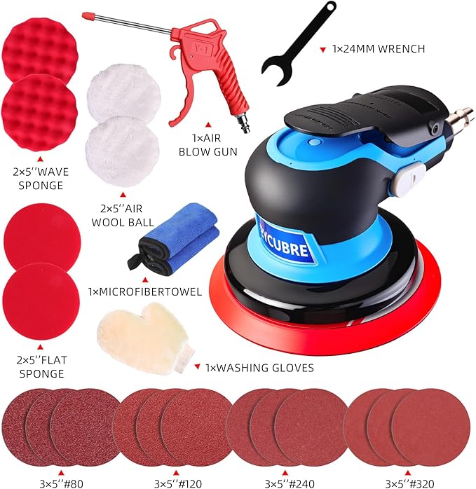 5 Inch Pneumatic Da Sander Kit (with 12 Sandpapers, Polishing Pads, Accessories & A Free Air Blow Gun) – Air Sander for Auto Body Specialized, Pneumatic Orbital Sander, Professional & DIY Compatible