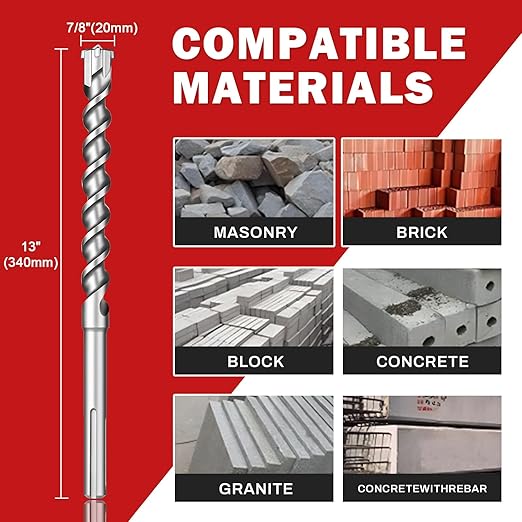 7/8" x 13" SDS Max Cross-Tip Rotary Hammer Drill Bit – Upgraded Heat-Treated Carbide Head, Extended Length 340mm for Longer Working Depth, Concrete Drill Bit for Masonry, Brick & Stone