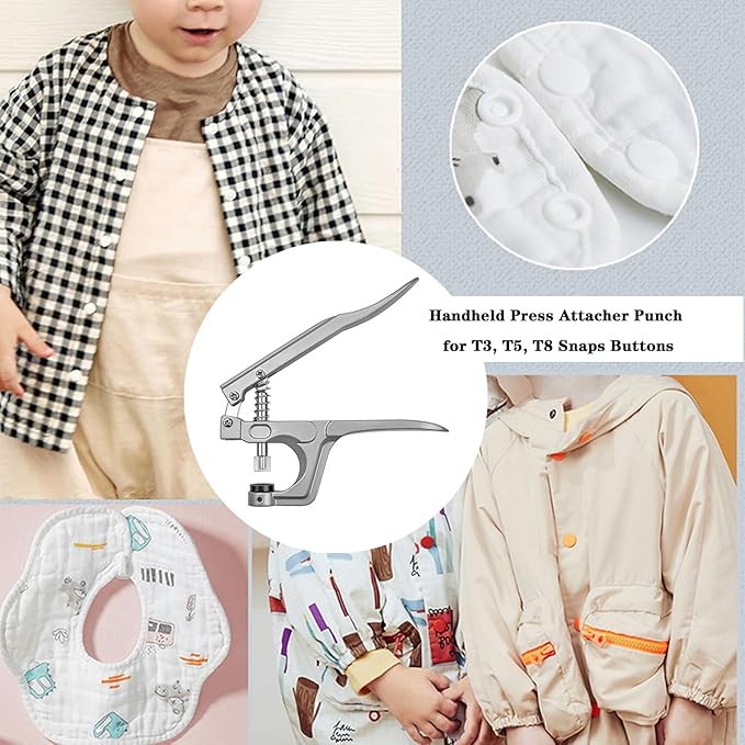【3-in-1 Snap Pliers Kit】 No-Sew Snap Fastener Tool for Clothing Crafts DIY | Handheld Press Attacher Punch for T3, T5, T8 Snaps Buttons | Complete Set with Awl & Accessories