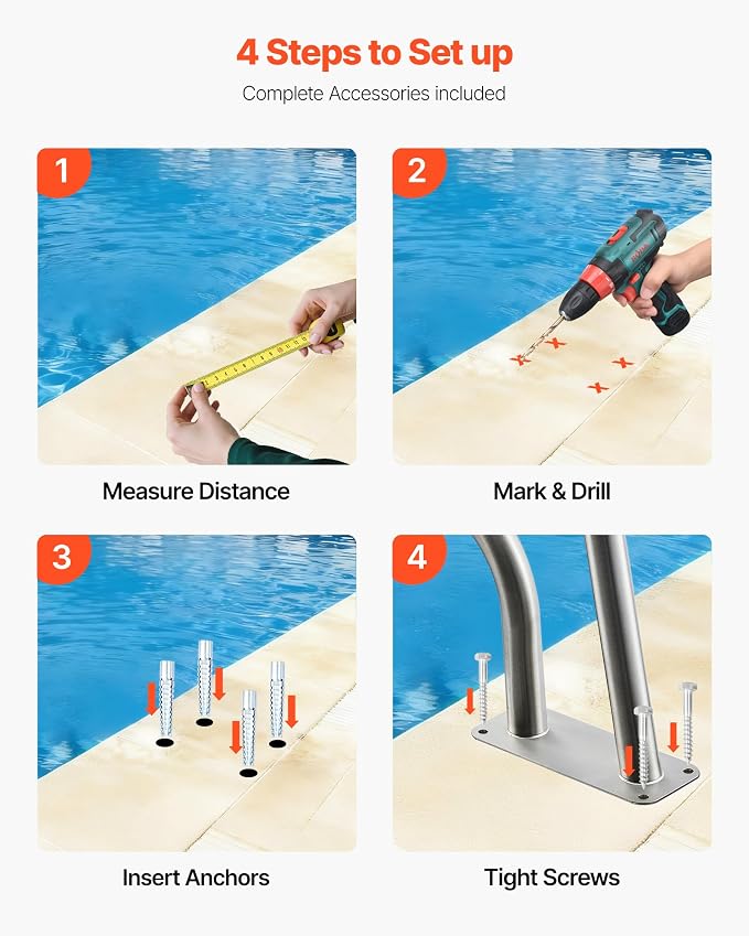 VEVOR Pool Rail, 31 x 22 inch Pool Handrail, 220 lbs Load Capacity Heavy Duty 304 Stainless Steel Swimming Handrail, Detachable Nonslip Sleeve, Rich Accessories, for Poolside, Water Parks, Spa Centers