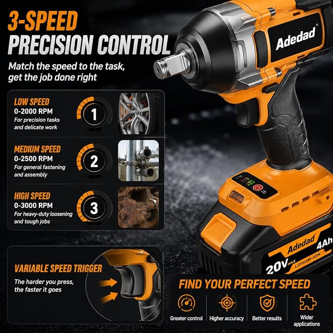 740 Ft-lbs Cordless 1/2" Brushless Impact Wrench with 4.0Ah Battery | Sockets, Storage Case and Charger Include High Torque 1000N.m Impact Gun for Automotive and Heavy Duty Use