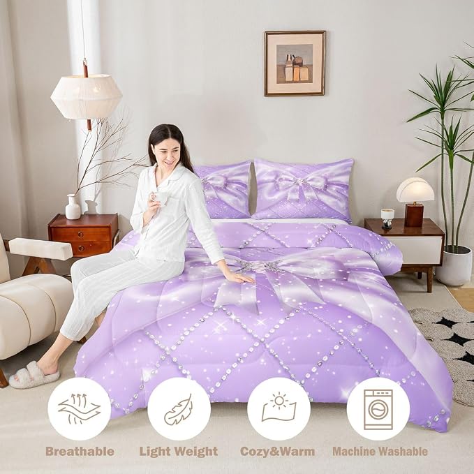 Feelyou Purple Bow Kids Comforter Set King Size Geometry Bowknot Bedding Set Glitter Duvet Quilt for Kids Boys Girls Bedroom Decor Microfiber Ultra Soft Breathable