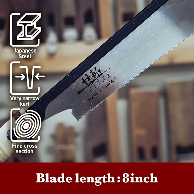 SUIZAN Dozuki Dovetail Saw 8" Crosscut 0.008" Ultra Thin Blade - Professional Japanese Pullsaw Handsaw Woodworking Tools | Professional Pull Saw for Woodworking Joinery Tenon Furniture Making DIY Tools Fine Cut Ultra Thin 0.008" Replaceable Blade