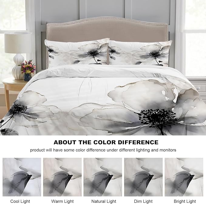 Batmerry Flowers Watercolor King Size 100% Cotton Duvet Cover Sets, Elegant Black White Flower Painting Bedding Set with Zipper Closure Corner Ties, 3 Pieces (1 Cover + 2 Pillowcases No Comforter)