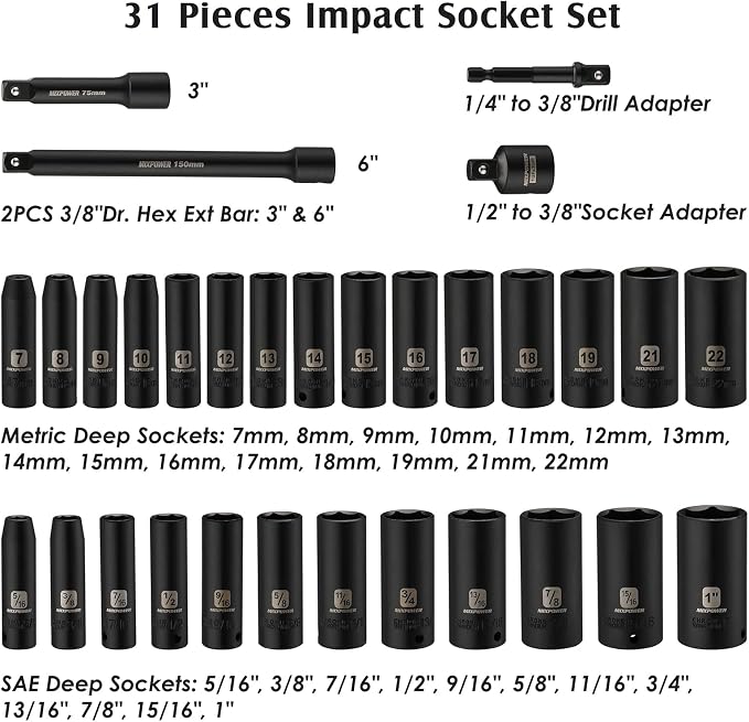 MIXPOWER 3/8" Drive Deep Impact Socket Set, 6 Point, 31 Piece SAE and Metric Socket Set, 7-22mm, 5/16"-1", Cr-V Steel Mechanic Socket Set