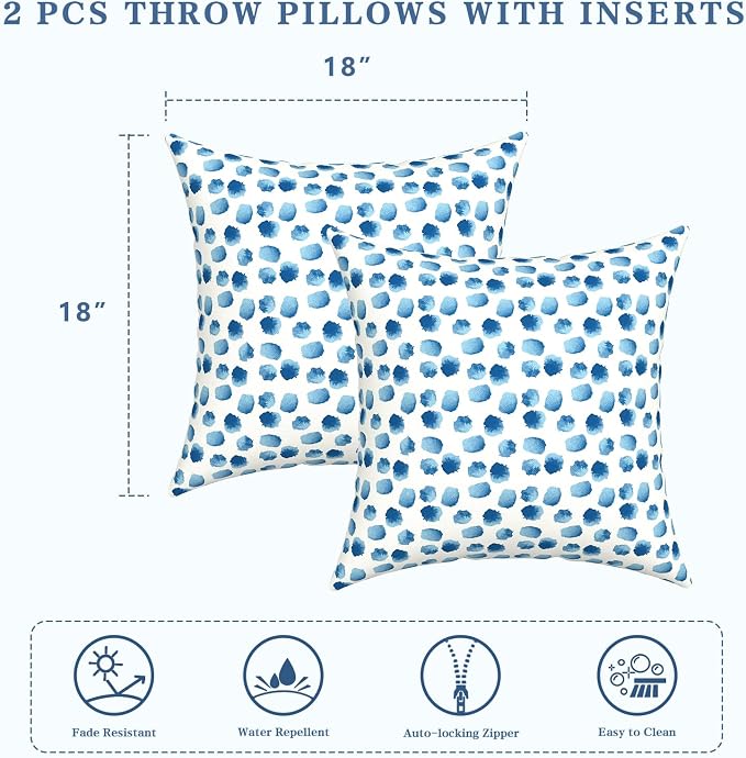 LVTXIII Outdoor/Indoor Throw Pillows, Decorative Throw Pillows with Inserts, 18"x18" Square Pillows for Bed, Couch, Sofa and Patio Furniture, Set of 2, Brush Blue
