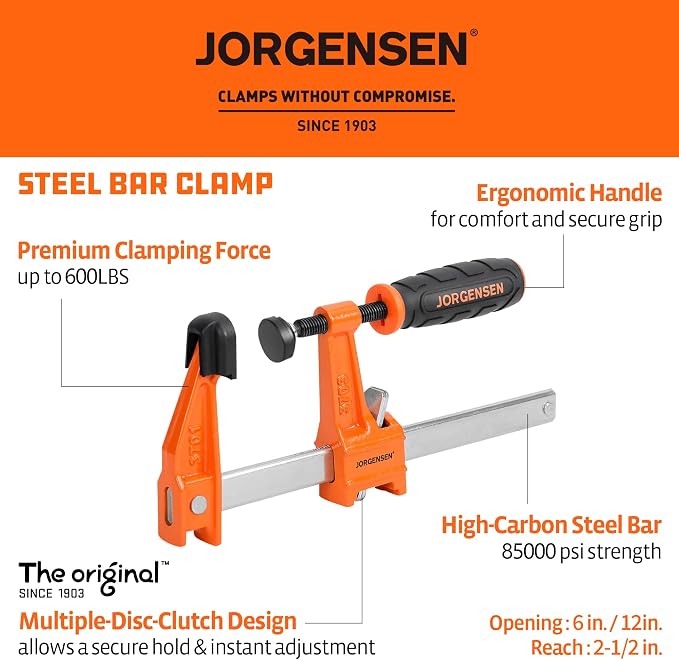 JORGENSEN 4-pack Steel Bar Clamps Set, 6 inch & 12 inch Medium Duty F-Clamp - 600 Lbs Load Limit for Woodworking