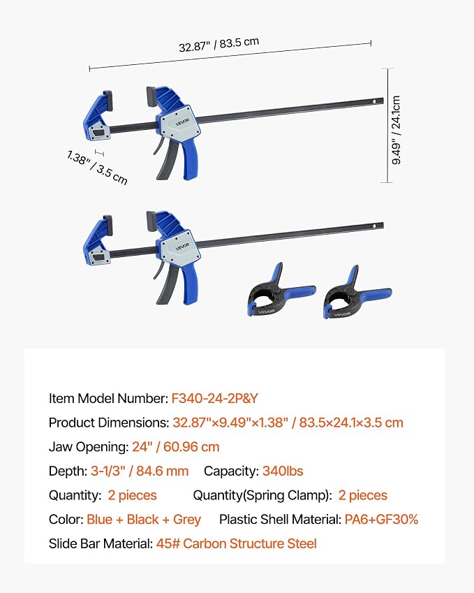 VEVOR Bar Clamps for Woodworking, 2-Pack 24 inch One-Handed Clamp/Spreader, Quick-Grip F-Clamp with 340 lbs Load Limit, Premium Plastic and Carbon Steel, for Woodworking Metal working, Blue + Black