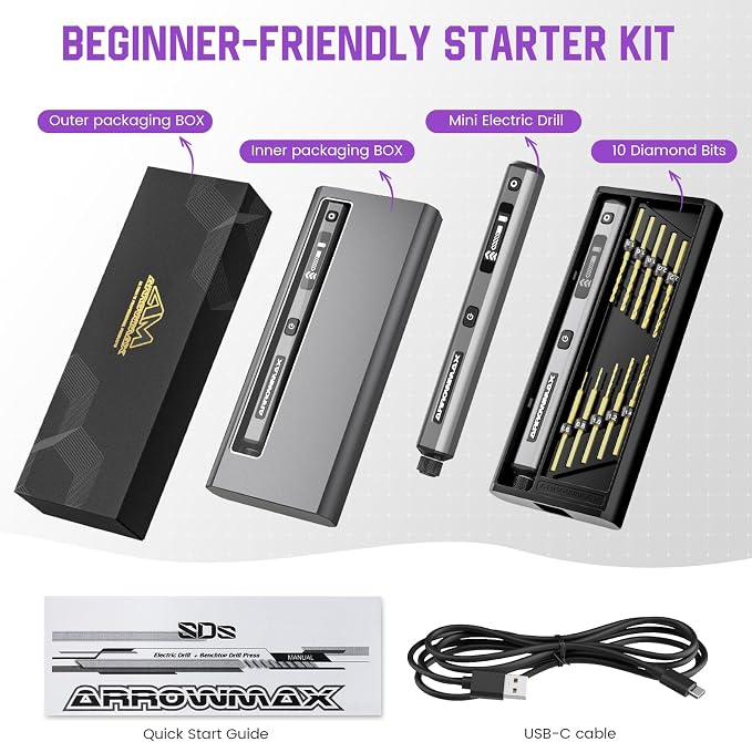 Mini Drill Pen, 5-Speed, LED Lights, OLED Display, Aluminium Box, Resin Drill Set With 10 Small Bits, 3/32-Inch Shank, For Jewelry Making, Wood, Plastic,(SDS)