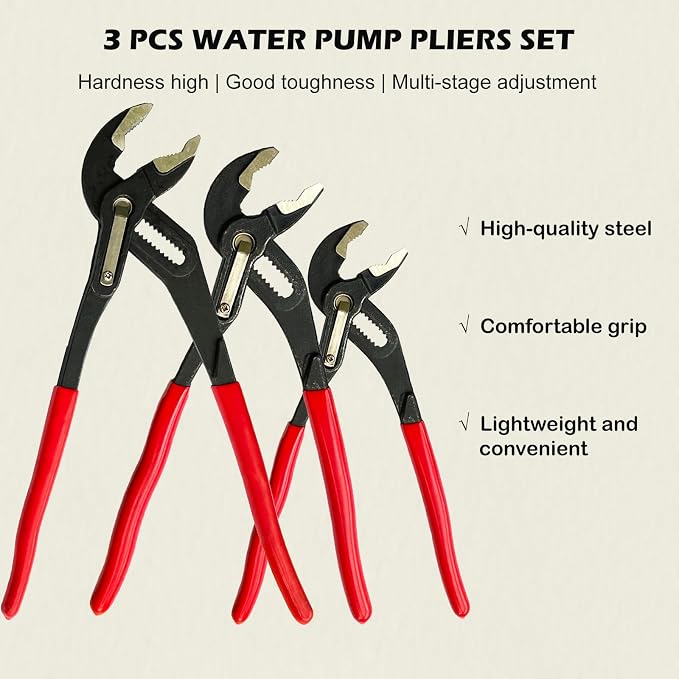 7-Inch, 10-Inch and 16-Inch Groove Joint Pliers Set, Adjustable Water Pump Pliers Set, V-Jaw Tongue and Groove Pliers，Auto-Adjusting Quick-Action Tongue and Groove Joint Pliers Set