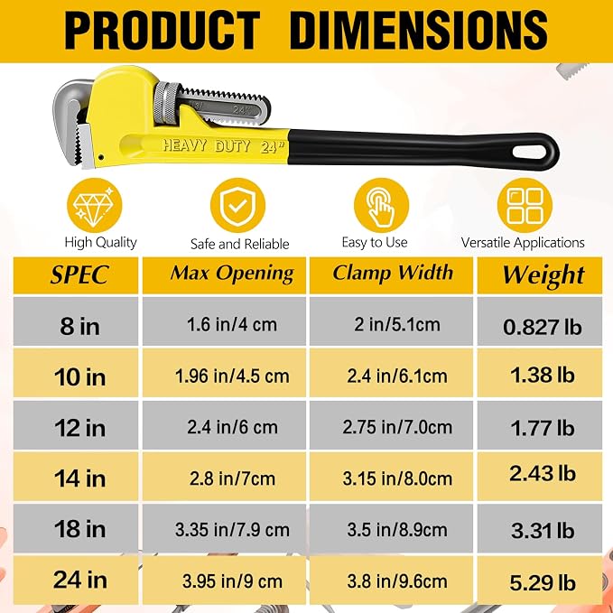 6 Piece Heavy Duty Pipe Wrench Set - 8", 10", 12", 14", 18", 24", Adjustable Chrome Vanadium Steel Plumbing Wrench Set with Soft Handle & Gloves for Plumbers, Pipeline, Auto Repair(Yellow)