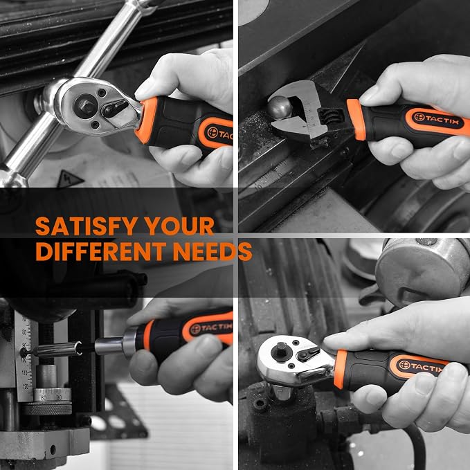 Tactix 55-Piece Stubby Socket Wrench Set, Ratchet Screwdriver & Quick-Release Socket Wrench, Adjustable, 1/4'' & 3/8'' Socket, Bits, CR-V Metric, Garage Repair, Home Use, with Portable Hard Case