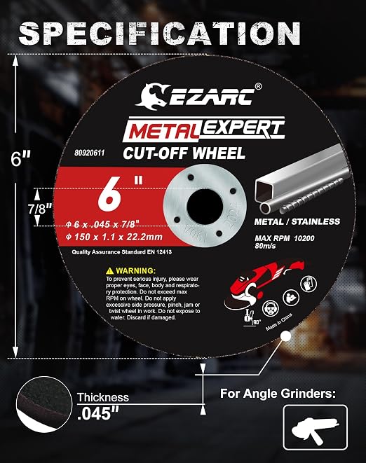 EZARC Cut Off Wheels 25 Pack, 6'' x .045'' x 7/8'' Thin Grinder Cutting Wheel, Metal & Stainless Steel Cutting Disc for Angle Grinders