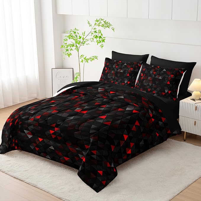 Nttopship Geometric Red Black Triangle Full Size Comforter Set,Light Honeycomb Bedding Set 7 Piece in A Bag,Bed Sheet Set Geometry Decor,Microfiber Lightweight All Season