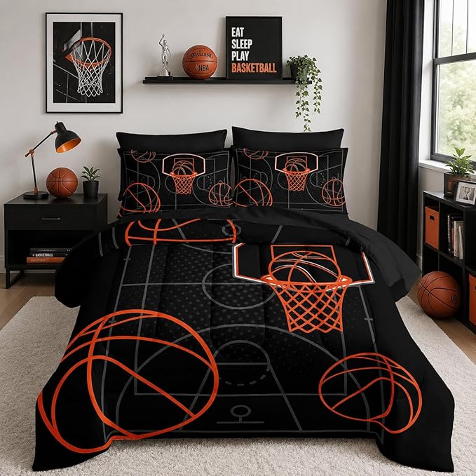 Basketball Court Print King Comforter Set for Boys,7Pcs Ball Sports Games Themed Bedding Set for Teens Kids Bedroom Decor,Soft Lightweight Comforter,Fitted Sheet,Flat Sheet,Pillowcases.
