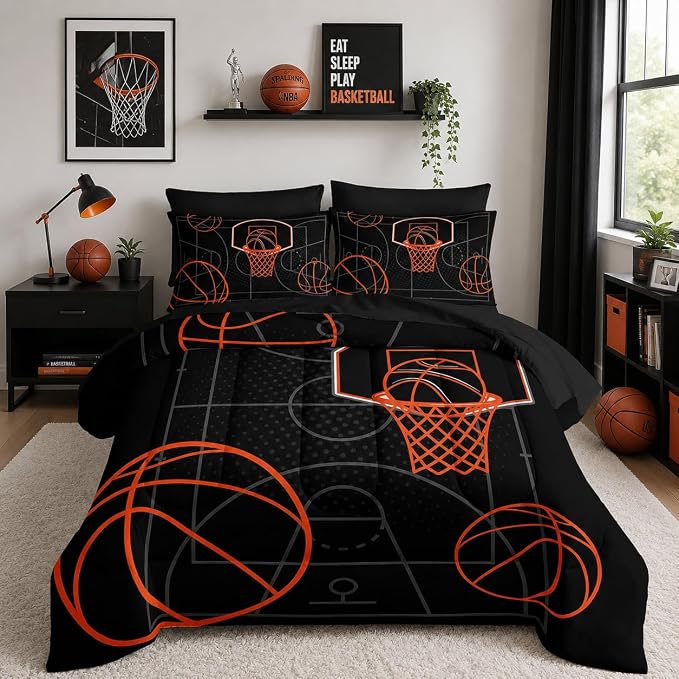 Basketball Court Print Full Comforter Set for Boys,7Pcs Ball Sports Games Themed Bedding Set for Teens Kids Bedroom Decor,Soft Lightweight Comforter,Fitted Sheet,Flat Sheet,Pillowcases.