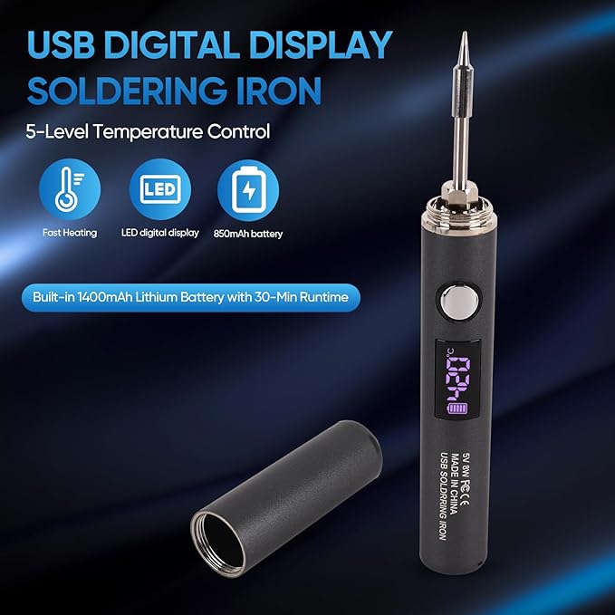 Cordless Soldering Iron Kit, Rechargeable USB-C Soldering Pen with OLED Screen, Portable Battery Powered Solder Iron for Electronics Repair, Includes 3 Tips & Lead-Free Solder Wire