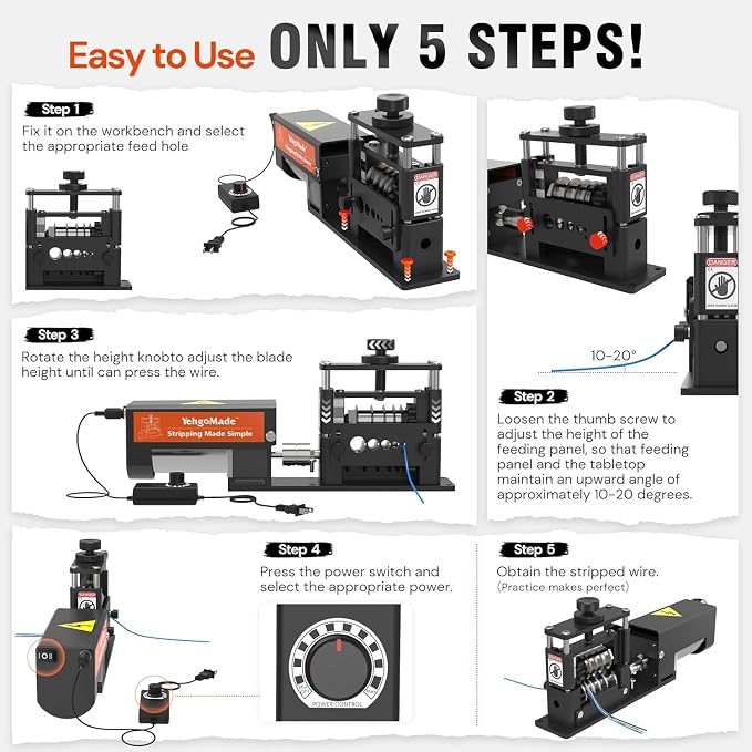 Automatic Wire Stripper Machine with Upgraded Motor, Electric Cable Stripping Tool Featuring 6 Channels and 5 Carbide Blades for Efficient Copper Wire Recycling (250 MCM–14 AWG)