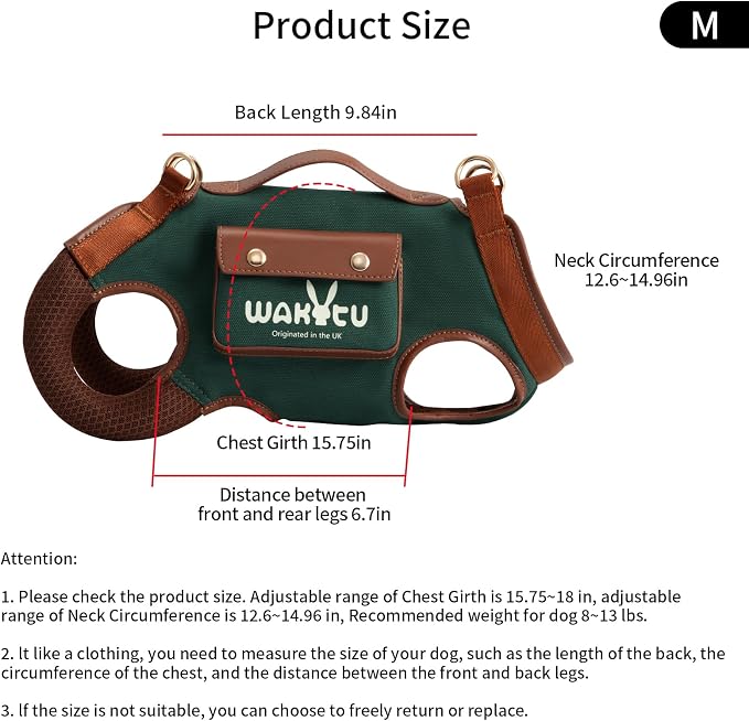 Wakytu Dog Lift Harness Dog Carrier Sling for Small Dogs & Cats,M | stylish puppy sling carrier with handle & pocket,adjustable leash,walking & travel