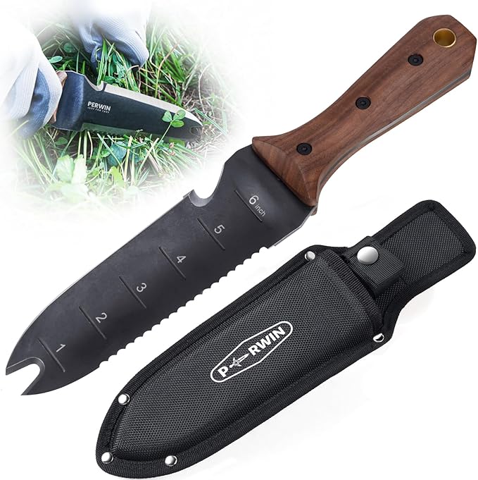 PERWIN Hori Hori Garden Knife, Garden Tools with Sheath for Weeding, Planting, Digging, 7" Stainless Steel Blade with Cutting Edge, Full-Tang Walnut Wood Handle with Hanging Hole