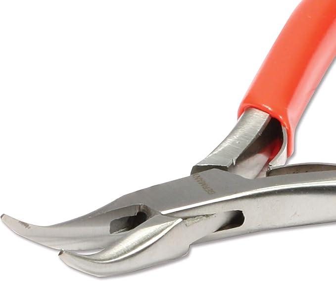 The Beadsmith Platinum Series German Bent Chain Nose Pliers, 4.75 inches (120mm) with polished steel head, red PVC comfort grip handle and double-leaf spring, tool for jewelry making