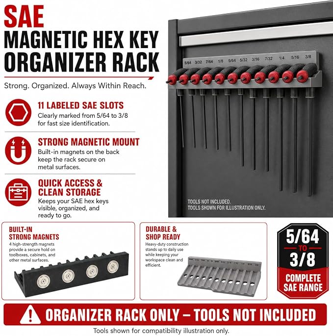 Magnetic T-Handle Hex Key Organizer Rack – Tool Holder for Harbor Freight ICON Style T Handle Wrenches – sae/metric/torx Storage Options (sae)