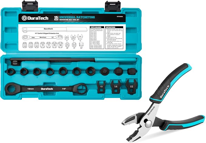 DURATECH 6 Inch Slip Joint Pliers, Small Pliers with Comfortable TPR Handle, High Carbon Steel, Swivel Rivet & 15-Piece Universal Ratcheting Serpentine Belt Tool Set