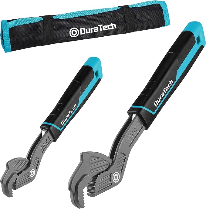 DURATECH 2-Piece Self-Adjusting Wrench Set, 8" & 12" Pipe Wrenches | Adjustable Size 3/8"-1-5/8"(9-41mm), Cr-V Steel, Non-Slip TPR Handle, Pouch, For Home Repair, Mechanic and DIY Projects