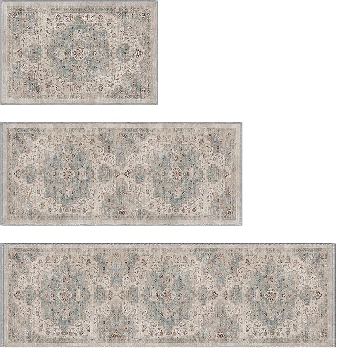 Color&Geometry Vintage Kitchen Rugs Sets of 3, Machine Washable 4mm Ultra Thin Stain Resistant Kitchen Floor Mats, Non Slip TPE Backing Runner for Sink,Hallway,Laundry,Entryway (2x3+2x5+2x7)