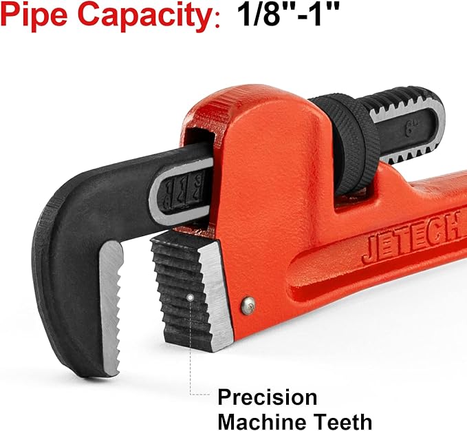 Jetech 8-inch Heavy Duty Straight Pipe Wrench, Adjustable Aluminum Plumber Wrench with Floating Hook Jaw and I-Beam Handle, Red