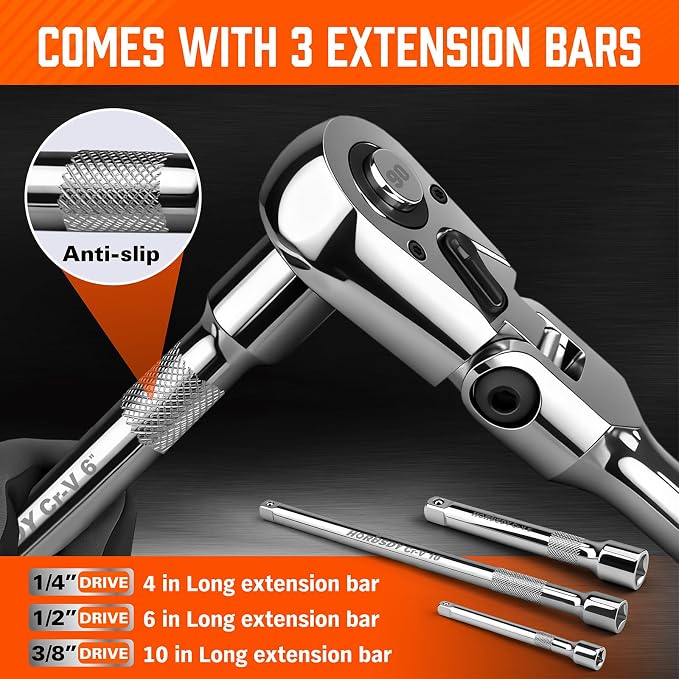 10-Piece Flex-Head Ratchet Set, 1/4", 3/8" & 1/2" Drive Socket Wrenches, 90-Tooth Quick-Release Reversible Low-Profile, Extension Bars (4", 10", 6") & 4 Adapters for Automotive, Bike, and Home Repair