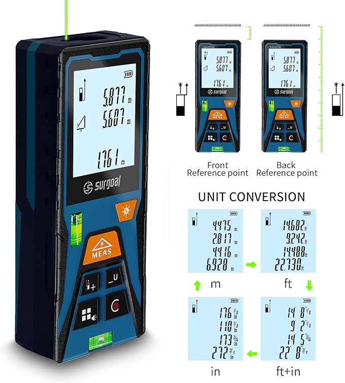 Laser Distance Meter Digital Laser Measuring Tool with LCD Backlit Display, Area Volume Pythagorean, ±2mm Accuracy, Class II, Electronic Tape Measure for DIY Construction – AAA Battery Powered