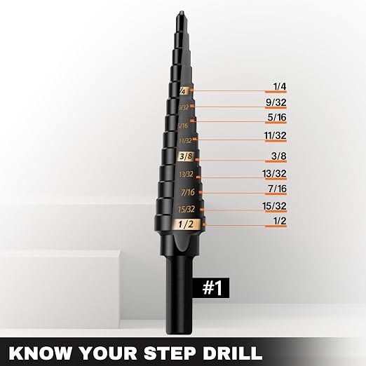 KSEIBI 575035 HSS Step Drill Bit 1/8-1/2 Inch, 3-Flat Shank Black Oxide for Metal, Wood, Plastic - 13 Steps Precision Drilling #1