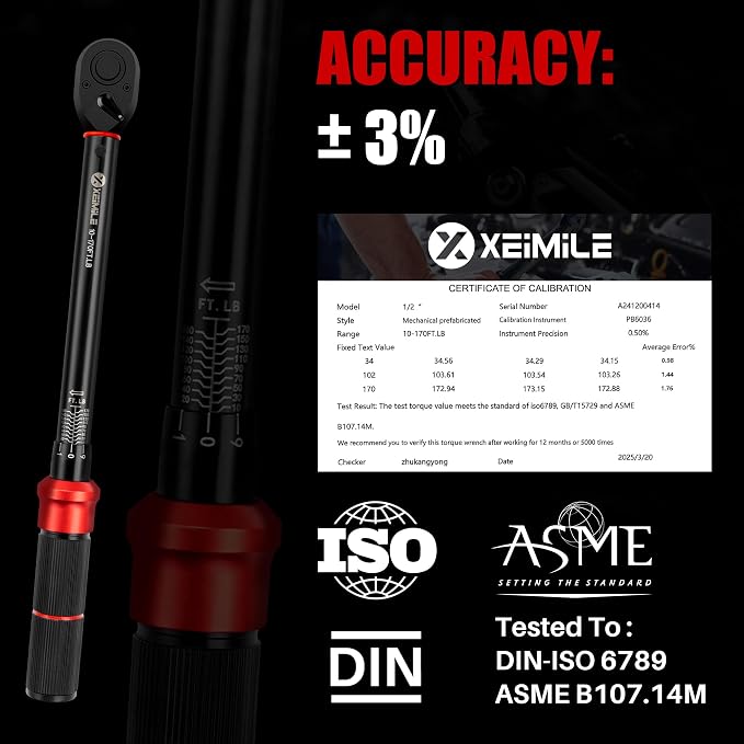 1/2 Inch Drive Torque Wrench Set 10-170 Ft-Lb for Lug Nut Car Moto | Click Inch Pound Torque Socket Set(13.6-230.5Nm),72T Dual Direction 3% Precision, Adjustable Wrench for Bicycle Tire DIY