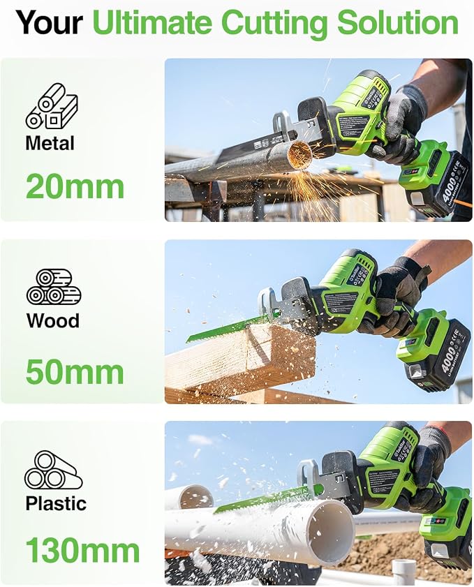 TaskStar Cordless Reciprocating Saw 21V: One-Handed Reciprocating Saw with 0-3500 RPM Brushless Motor, 2 x 4.0Ah Batteries, 8 Quick-Change Blades, LED Light, Perfect for Wood PVC Metal Cutting